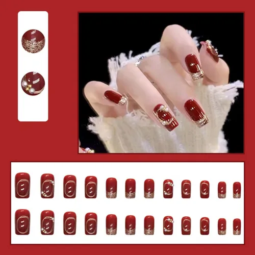 Vista 4 de Uñas postizas cuadradas de longitud media, uñas postizas acrílicas artificiales con diseños de diamantes de imitación de perlas rojas, juego de 24