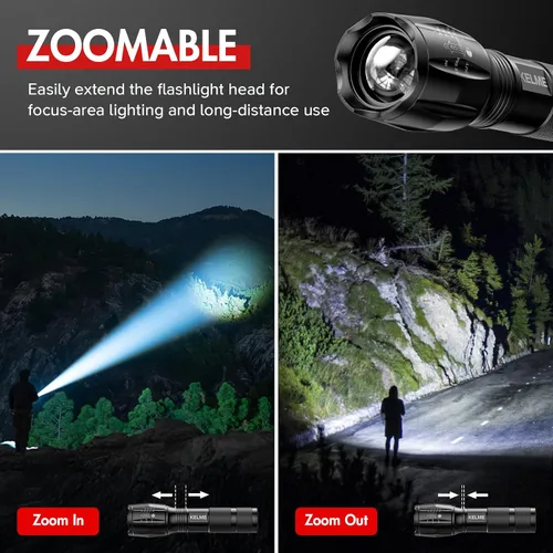 Vista 10 de KELME Paquete de 3 linternas de alto lúmen, potentes linternas tácticas con 5 modos, linterna LED pequeña con zoom impermeable de mano