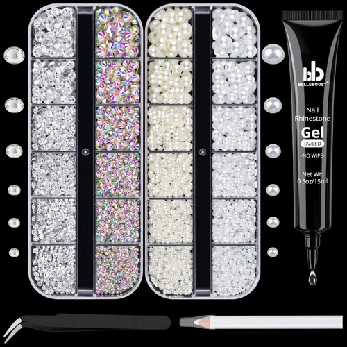 Vista 13 de Kit de pedrería para uñas BELLEBOOST, 15ml de pegamento de gel con strass + gemas coloridas + cristales de vidrio flatback AB y gemas transparentes