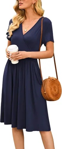 Vista 5 de Vestido de verano floral para mujer, cuello en V, bohemio, con volantes, manga con volantes, vestido de lunares suizos, con cinturón, acampanado