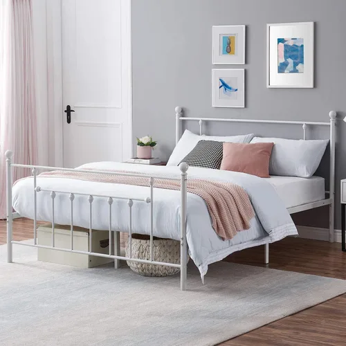 Vista 4 de VECELO Base de cama de plataforma metálica de tamaño matrimonial con cabecera y estribo, soporte de listones de acero resistente, base de colchón