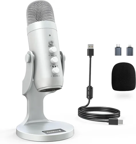 Vista 11 de ZealSound Micrófono de podcast para PC, micrófono USB con cancelación de ruido con ganancia, ajuste de volumen y botón de silencio, monitoreo y eco