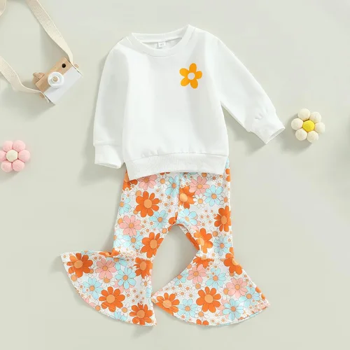 Vista 6 de Lamuusaa Sudadera con cuello redondo y estampado de letras para bebé, pantalones acampanados, ropa de cumpleaños, 6M-5T