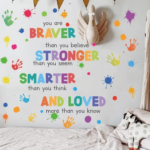 Vista 2 de Calcomanías de pared inspiradoras coloridas para dormitorio de niños, frase motivacional para niños, calcomanías de arte de pared para aula