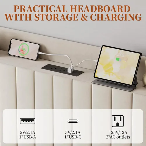 Vista 5 de Yaheetech Base de cama de plataforma doble, cabecera lateral tapizada con estación de carga USB y estante de almacenamiento, soporte de listones