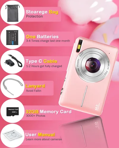 Vista 8 de Cámara digital FHD 1080P 44MP Cámaras para fotografía, cámara digital para apuntar y disparar para niños con tarjeta de 32 GB, zoom 16X