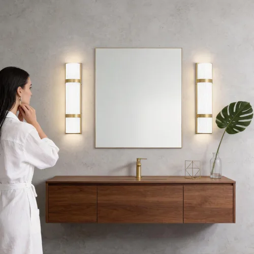 Vista 3 de Juego de 2 apliques de pared modernos para baño de 16 pulgadas, aplique de pared LED dorado con vidrio esmerilado blanco artesanal, iluminación