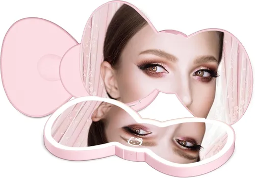 Vista 8 de Impressions Vanity - Espejo compacto LED con lazo de Hello Kitty, bonito espejo de maquillaje de viaje de doble cara, botón táctil suave con apagado