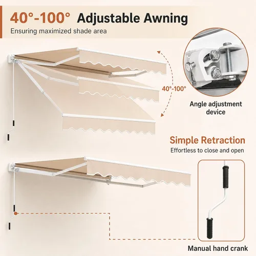 Vista 13 de Giantex Toldo retráctil para patio – Refugio solar de 8 x 6.6 pies con manivela manual fácil, estructura metálica de alta resistencia, toldo Beige