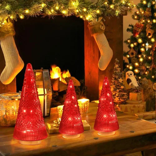 Vista 6 de PHITRIC Decoraciones de Navidad para Interiores, 3 Piezas de Centros de Mesa de Árbol de Navidad de Cristal Rojo Brillante con Luces LED