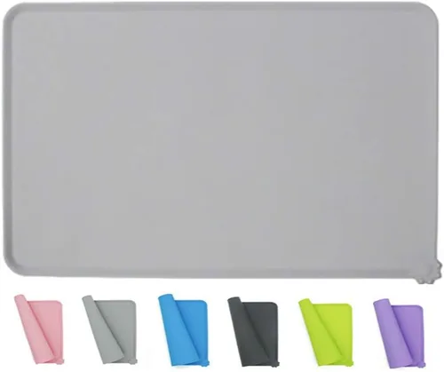 Vista 8 de Tapete de silicona para alimentación de mascotas, impermeable, para perros y gatos, bordes elevados para evitar derrames, bandeja individual Negro