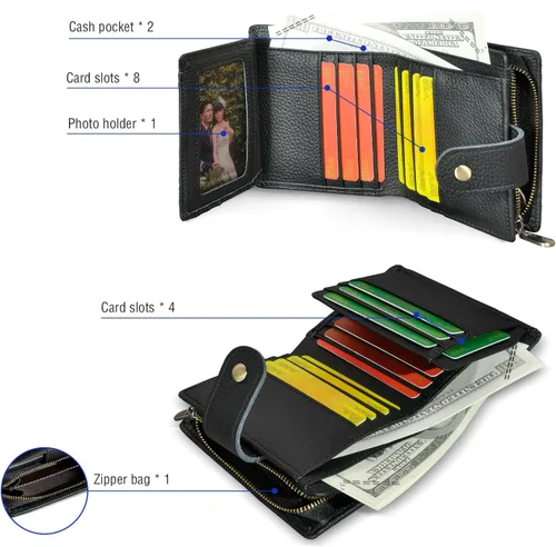 Vista 5 de Genuino caballo loco cuero viaje regalo moneda bolsillo tarjeta caso largo organizador cadena Rfid monedero con broche para hombres hombres 1803