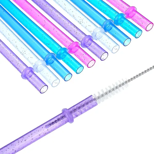 Vista 4 de 50 popotes reutilizables con purpurina de plástico de 9 pulgadas, pajitas de plástico transparente para beber de 16 onzas, 20 onzas con cepillo