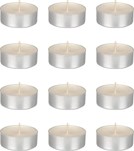 Vista 4 de Mega Candles 4 velas de té grises de gran tamaño sin perfume, velas de cera prensada, 12 horas de tiempo de combustión, decoración del hogar Gris