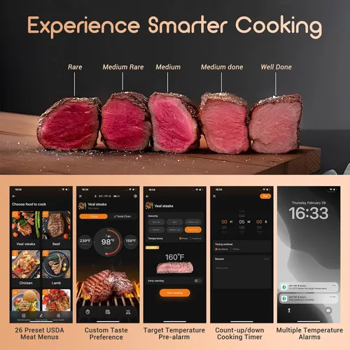 Vista 4 de INKBIRD Termómetro de carne inalámbrico, termómetro inteligente para carne Bluetooth, IP67 impermeable con caja recargable para parrilla al aire
