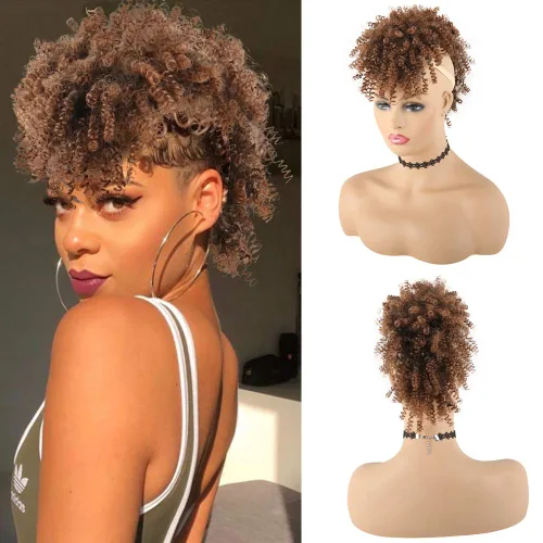 Vista 8 de KRSI Cola de caballo de pelo alto afro con flequillo, moño sintético rizado Mohawk Kinkys rizado cola de caballo con clip en colas de caballo