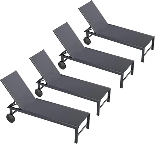 Vista 12 de QAQA - 2 tumbonas para exteriores con ruedas, silla de aluminio para patio con 5 posiciones ajustables para piscina, playa, patio, gris oscuro