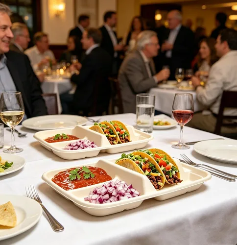 Vista 5 de Platos desechables para tacos para 2 tacos y 2 lados, paquete de 25 Platos de papel premium con divisores, soporte para tacos de fiesta, soporte