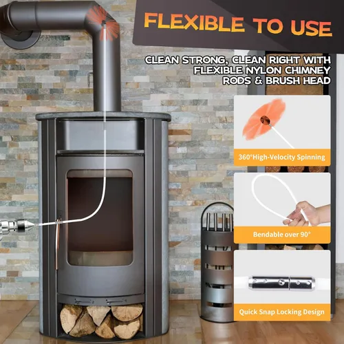 Vista 4 de Kit de limpieza de chimenea de 16 pies, kit de limpieza de chimenea con 5 varillas de chimenea flexibles, sistema de limpieza de chimenea giratorio