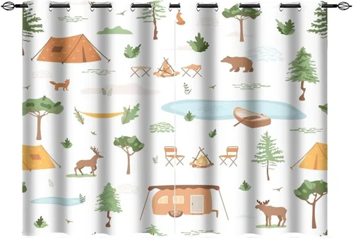 Vista 36 de Cortinas abstractas con estampado de cámper de caricaturas, divertido tema de aventura, campamento, montañas, vida silvestre, oso, tratamiento