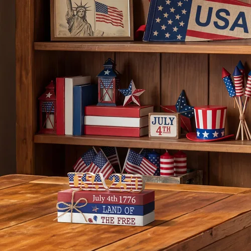 Vista 5 de Smile 4 de julio 250th Anniversary - Bloque de madera con decoración de Estados Unidos, 5 piezas "Land of the Free", bandeja patriótica escalonada