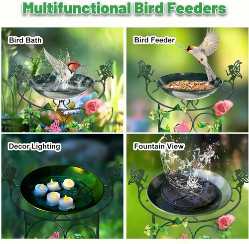 Vista 7 de HONGLAND Baño de metal para pájaros de 36.5 pulgadas con enrejado, baño para pájaros de jardín al aire libre con cuenco desmontable y soporte