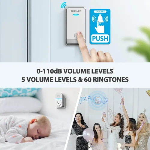 Vista 12 de TECKNET Timbre Inalámbrico, Timbre Autoalimentado, Timbre Inalámbrico de 0-110db con Enchufe para Casa y Aula, Timbre de Puerta Impermeable IP66