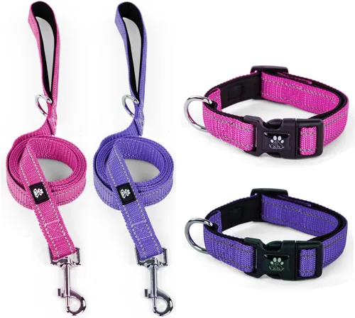 Vista 9 de IVY&LANE Juego de collar y correa reflectante para perro, collares de perro acolchados de neopreno ajustable para cachorros, collar de nailon