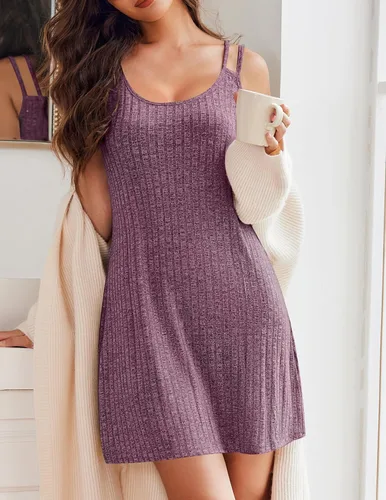 Vista 3 de Ekouaer Camisón sin mangas para mujer, ropa de dormir sexy, vestido de noche de punto acanalado, camisola suave, camisa, tallas S-XXL