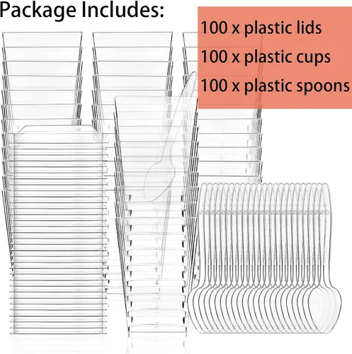 Vista 6 de Hiasobre Paquete de 100 vasos de plástico de 5 onzas para postre con tapas y cucharas, tazas reutilizables de parfait transparente, vasos cuadrados
