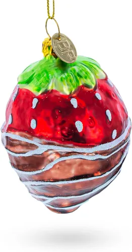 Vista 3 de Adorno navideño de vidrio de fresa bañado en chocolate