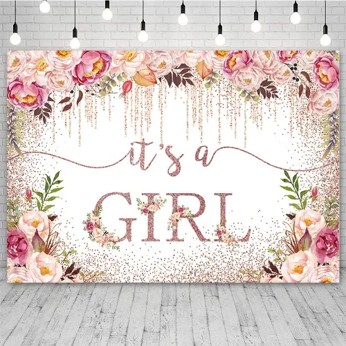 Vista 2 de Sendy Telón de fondo de baby shower de oro rosa de 7 x 5 pies para niñas, con texto en inglés "It's a Girl", fondo de fotografía para baby shower