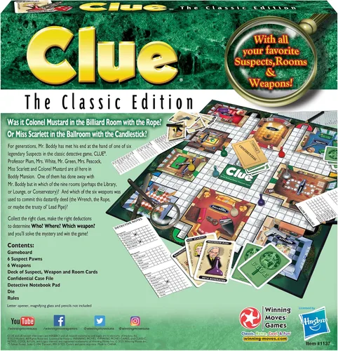 Vista 3 de Jego de mesa de misterio de Winning Moves Clue Edición clásica, ninguno , Multicolor con armas de metal, 3 a 6 jugadores, a partir de 8 años