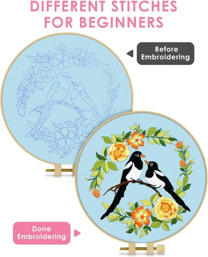 Vista 3 de TINDTOP Kit de Bordado para Principiantes Adultos, Kit de Bordado de Pájaros para Principiantes, Incluye Tela de Bordado Aros Hilos para Amantes