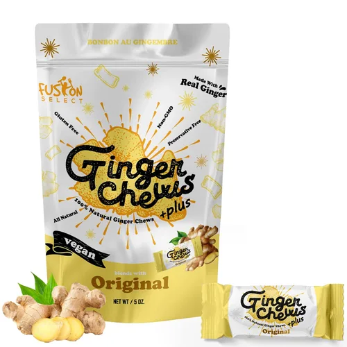 Vista 9 de Fusion Select Ginger Chews - Delicias dulces y confitadas suaves de Indonesia - Promueven el alivio de las náuseas matutinas, malestar estomacal