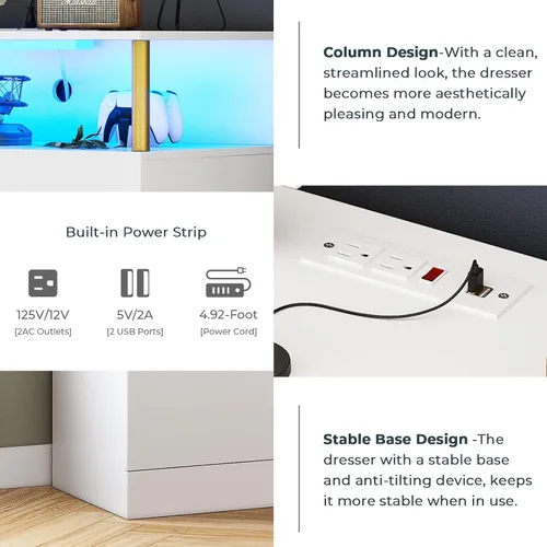 Vista 4 de AOGLLATI Cómoda blanca para dormitorio con diseño de columna, cómoda de 4 cajones con estación de carga, cómoda moderna led alta para dormitorio