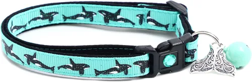Vista 6 de Orca Whales on Red Cat Collar - Safety - Breakaway - Charm and Bell - Pugs2Persians (Small(10lbs & Less), Aqua)