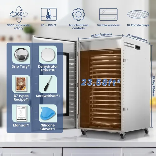 Vista 2 de Máquina deshidratadora comercial de alimentos, 16 bandejas, rotación automática de 360°, deshidratador de frutas de 1500 W, secador de carne seca