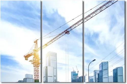 Vista 23 de TUMOVO Arte de pared con diseño de grúa para dormitorio, 3 piezas de grúa pesada al anochecer en un sitio de construcción, póster, pintura, arte