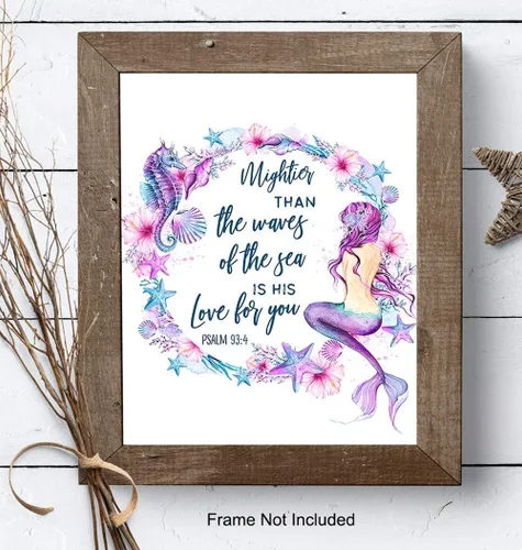 Vista 7 de Arte de pared de caballito de mar de sirena, versículo bíblico inspirador, cita religiosa, decoración de habitación de las Escrituras cristianas