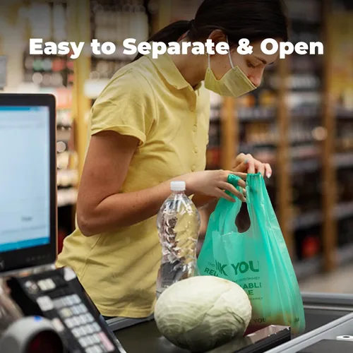 Vista 5 de FMP Brands Bolsas de plástico biodegradables ecológicas – 100 unidades con asas, bolsas de compras para camisetas de agradecimiento a granel