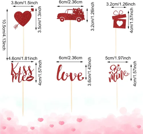 Vista 2 de Pajean 60 piezas de decoración para cupcakes para el día de San Valentín con purpurina roja y corazón de amor, beso me Lip Be Mine, caja de regalo