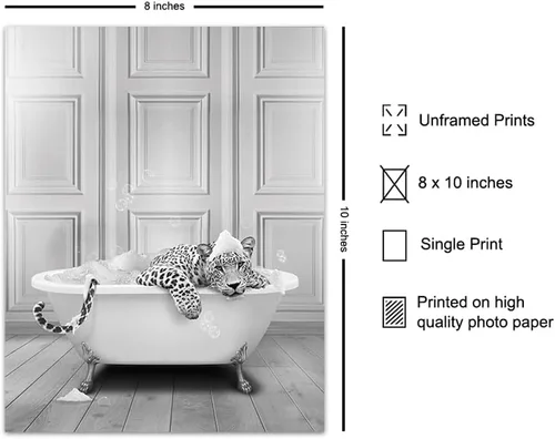 Vista 2 de Arte y decoración de pared de baño con estampado de leopardo, decoración de baño pequeño con gato grande, bonita decoración estética de habitación