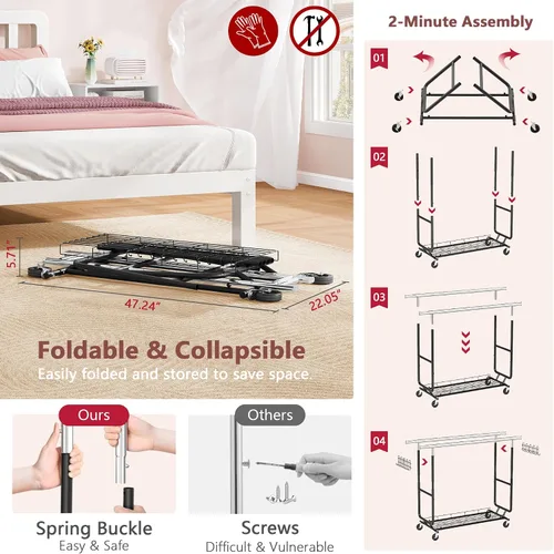 Vista 2 de Hoctieon Perchero de doble varilla de montaje en 2 minutos, estante resistente para ropa con ruedas, plegable para uso comercial, barra extensible
