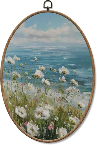 Vista 14 de Yorhifa Grandmillennial - Arte de pared enmarcado con lazo rosa coqueta, arte de pared redondo de chinoiserie azul y blanco, decoración de paredes