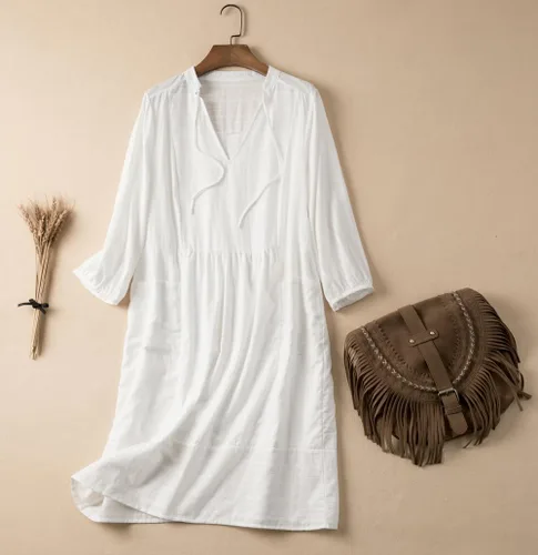 Vista 5 de Lafural - Vestido de algodón para verano con cuello en V para mujer, estilo casual, holgado, con manga 34 y bolsillo