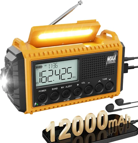 Vista 13 de Radio de emergencia de 12000 mAh - Alerta meteorológica AUTO NOAA, manivela solar AM/FM/SW/NOAA, linterna, cargador de teléfono, sirena SOS, kit