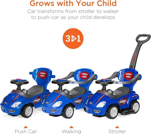 Vista 2 de Best Choice Products Carro de empuje y pedal 3 en 1 para niños, carro de juguete para niños pequeños con mango, bocina y música - Azul