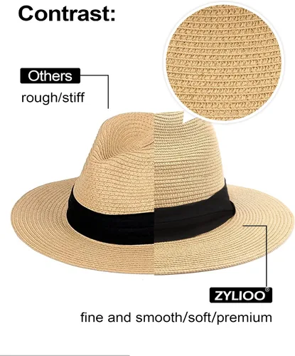 Vista 3 de Zylioo Sombrero Trilby de paja de gran tamaño XXL, sombreros de ala corta grande y alta, sombreros cubanos enrollables de verano