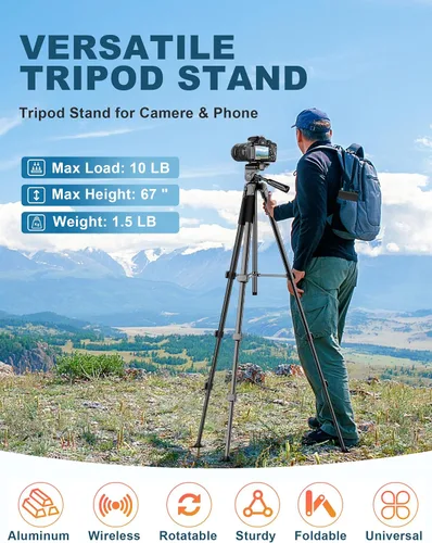 Vista 4 de Trípode para cámara de teléfono, soporte de trípode DSLR de 67 pulgadas con soporte remoto para teléfono, trípodes de viaje de aluminio para fotos